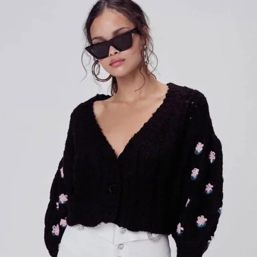 For Love & Lemons Savannah Cropped Cardigan XS Black